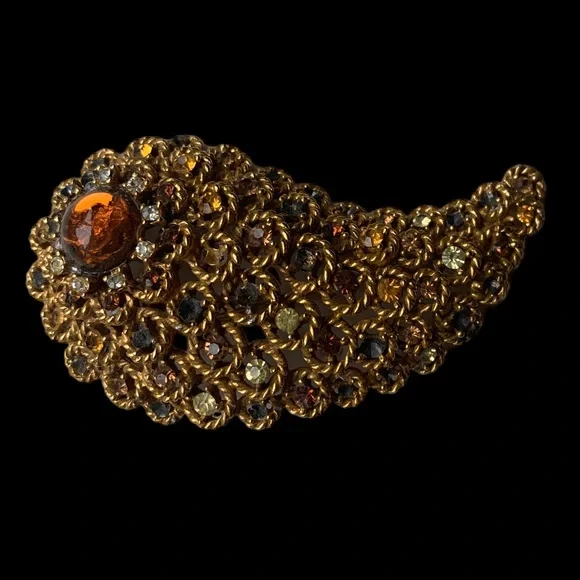 Vintage Signed ART Art Pepper Gold Plated Crystal Fall Cornucopia Brooch Jewelry - Picture 6 of 10